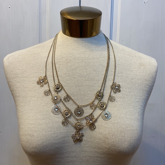 VCLM Floral Multi Chain Light Gold Tone Necklace - Picture 1 of 7